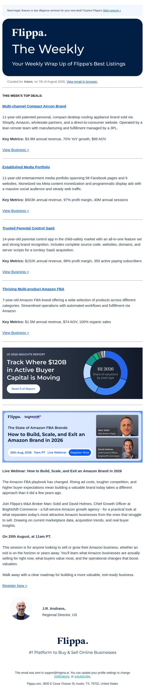 $3.9M Annual Revenue Compact Aircon Brand + More email from Flippa screenshot