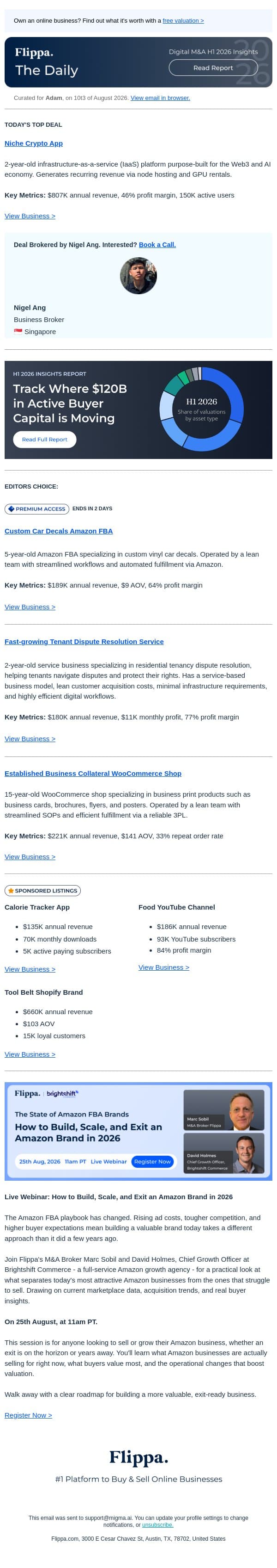 $807K Annual Rev Crypto App + 5-Yr Car Decal Brand + 77% Margin Tenant Dispute Resolution Biz email from Flippa screenshot