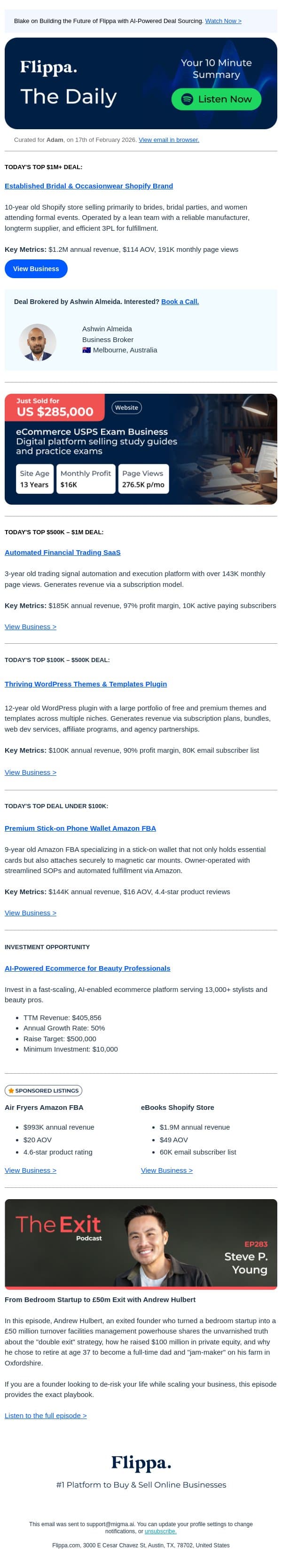 $1.2M Bridal Brand, 97% Margin SaaS & a £50M Exit Playbook 📈 email from Flippa screenshot