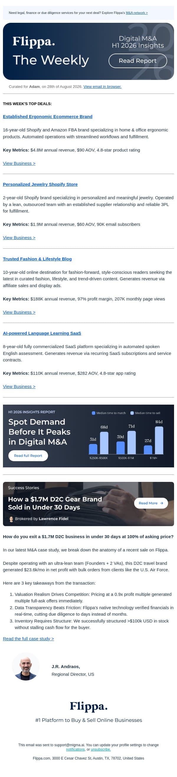 $4.8M Annual Revenue Ergonomic Brand + 97% Margin Fashion & Lifestyle Blog email from Flippa screenshot