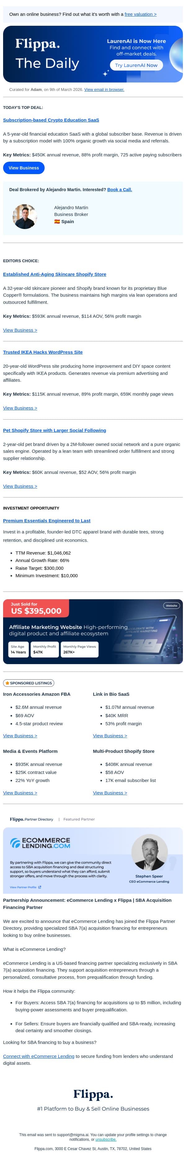 88% Profit Margins (Crypto SaaS) + 20-Year-Old "IKEA Hack" Site email from Flippa screenshot