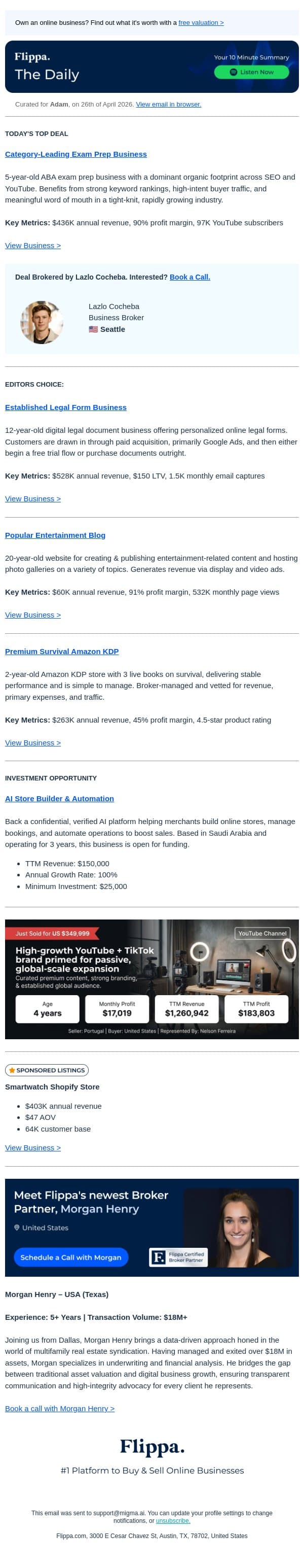 Top Deals: $528K Legal SaaS + $436K Exam Prep + $263K Survival KDP email from Flippa screenshot