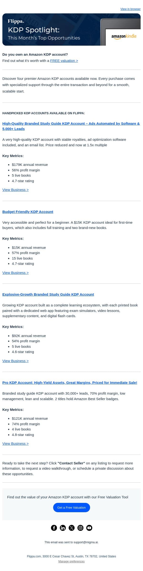 3 top performing KDP accounts in the study guide niche + a fermentation KDP account with 15 live books email from Flippa screenshot