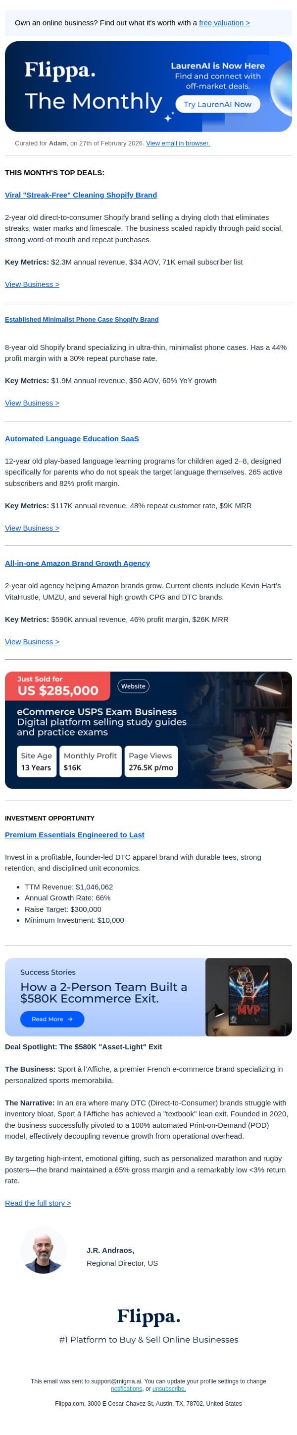 Viral "streak-free" cleaning story making $2.3M rev + More email from Flippa screenshot