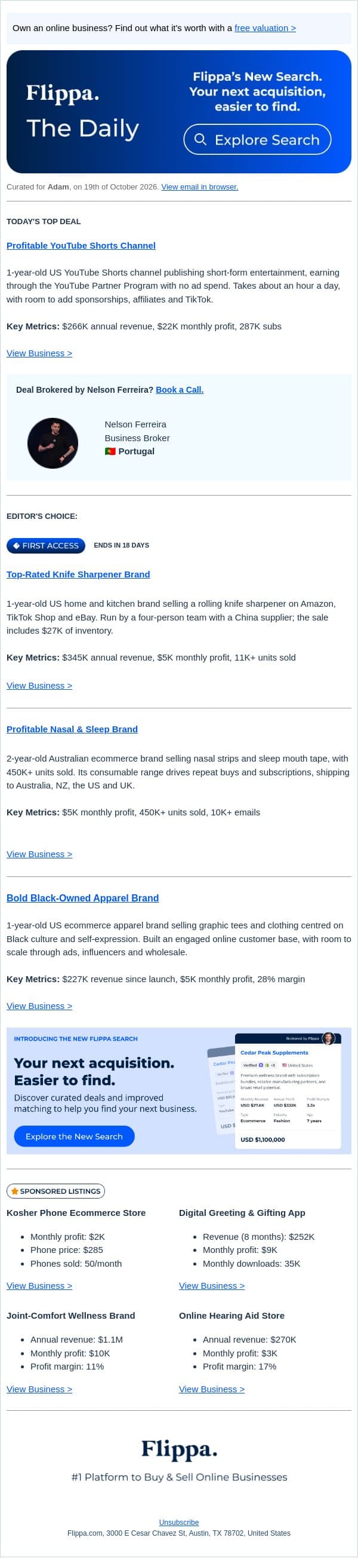 287K-Sub YouTube Shorts Channel + Top-Rated Knife Sharpener Brand email from Flippa screenshot