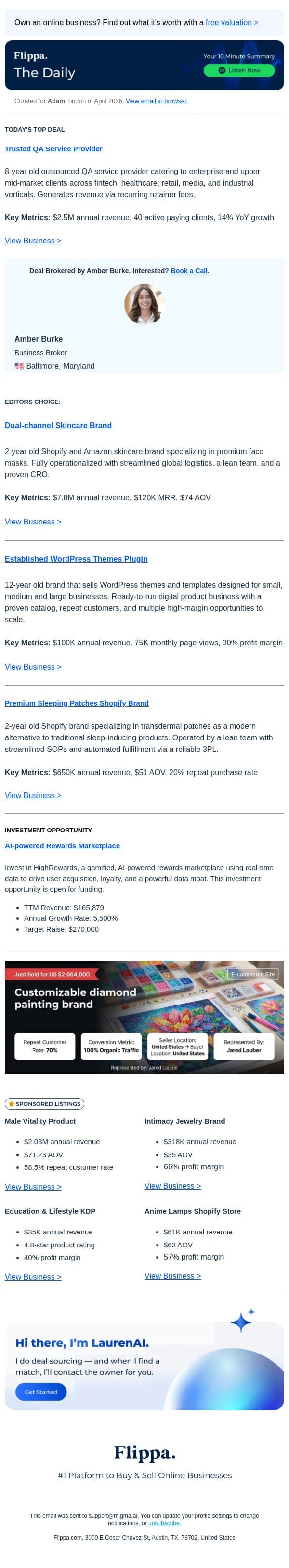 $2.5M Annual Rev QA Service Provider email from Flippa screenshot
