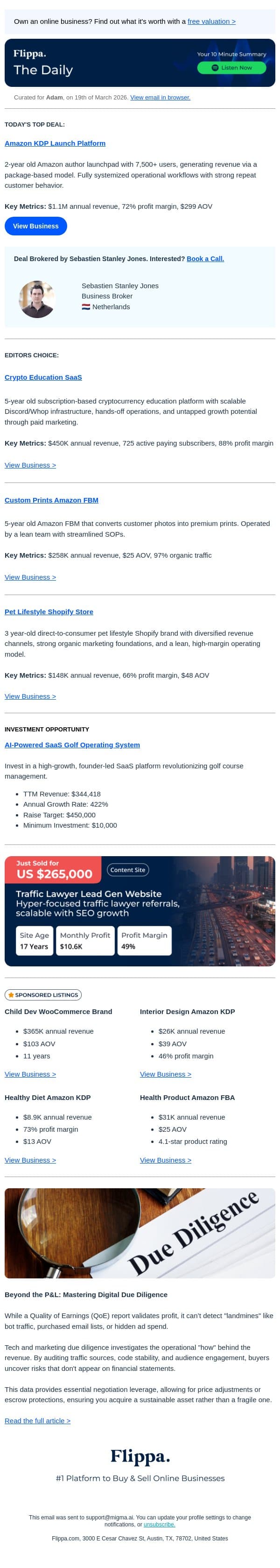 Today's Top Deals including Amazon KDP Launch Platform and more. email from Flippa screenshot