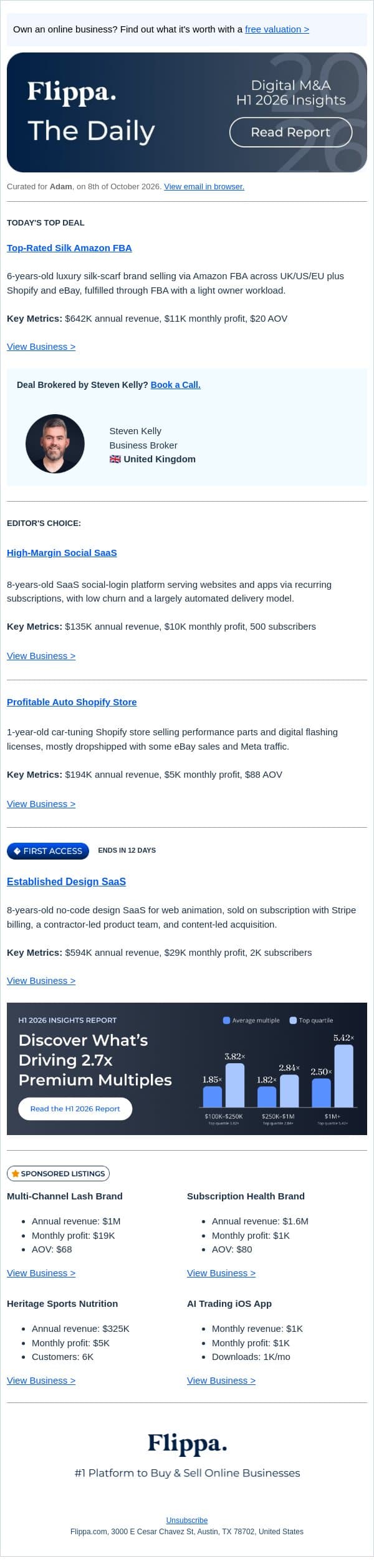 $642K Silk Amazon FBA + $135K Social Login SaaS email from Flippa screenshot