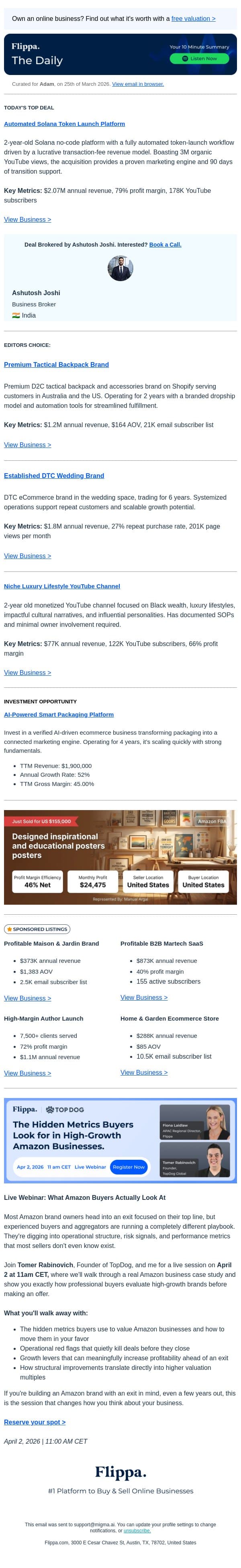 79% Profit Margin Solana Token Launch Platform email from Flippa screenshot