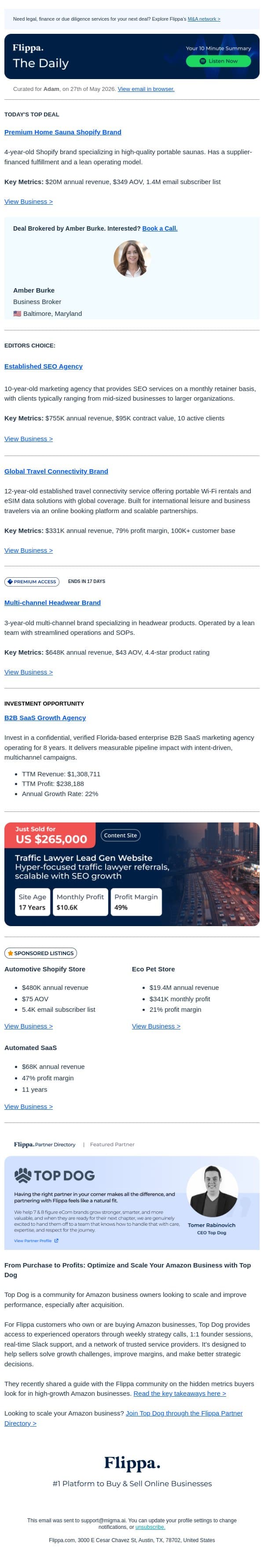 $20M Home Sauna Brand + 79% Margin Travel Connectivity Brand + 4.4-Star Headwear Brand email from Flippa screenshot