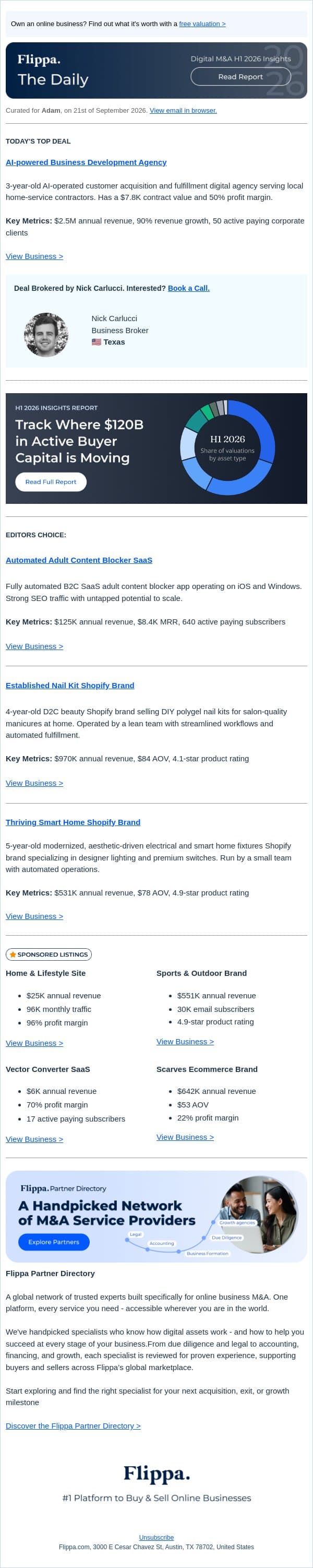 $2.5M Biz Dev Agency + $8.4K MRR Content Blocker SaaS + 4.1-Star Nail Kit Brand + 5-Yr Smart Home Brand email from Flippa screenshot