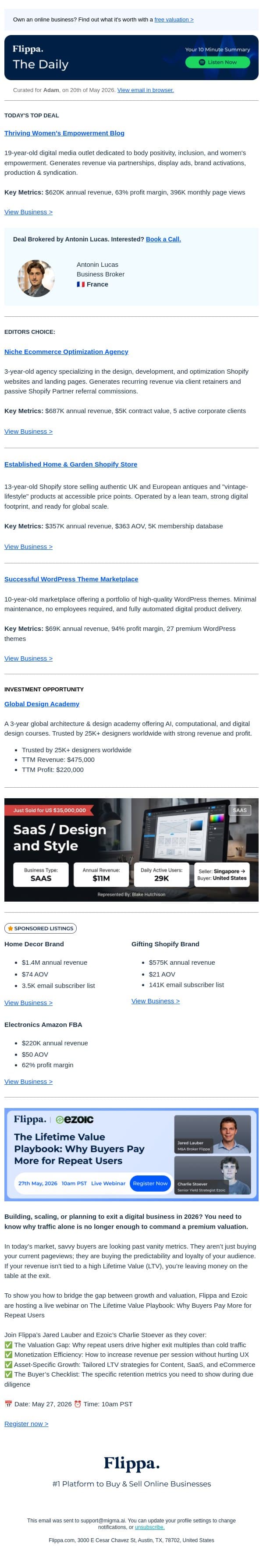 396K Views Empowerment Blog + $687K Ecom Optimization Agency + 13-Yr Home & Garden Store email from Flippa screenshot