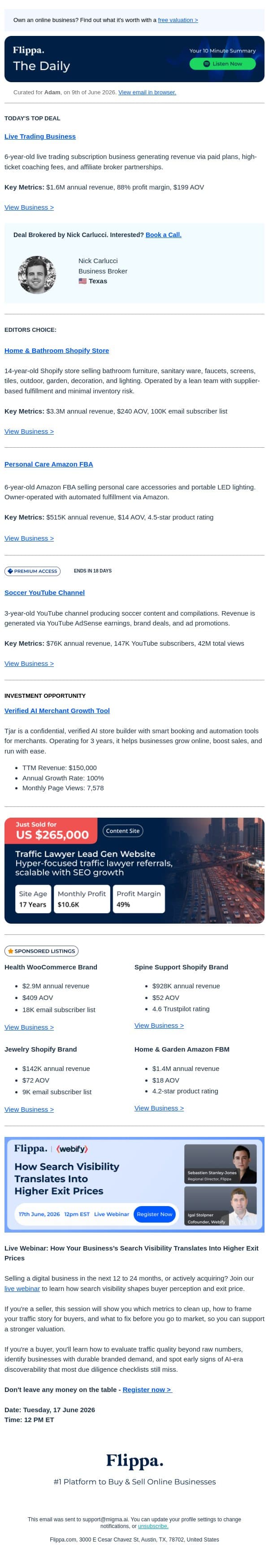 88% Margin Live Trading Biz + $3.3M Home & Bathroom Store + 42M Views Soccer Channel email from Flippa screenshot
