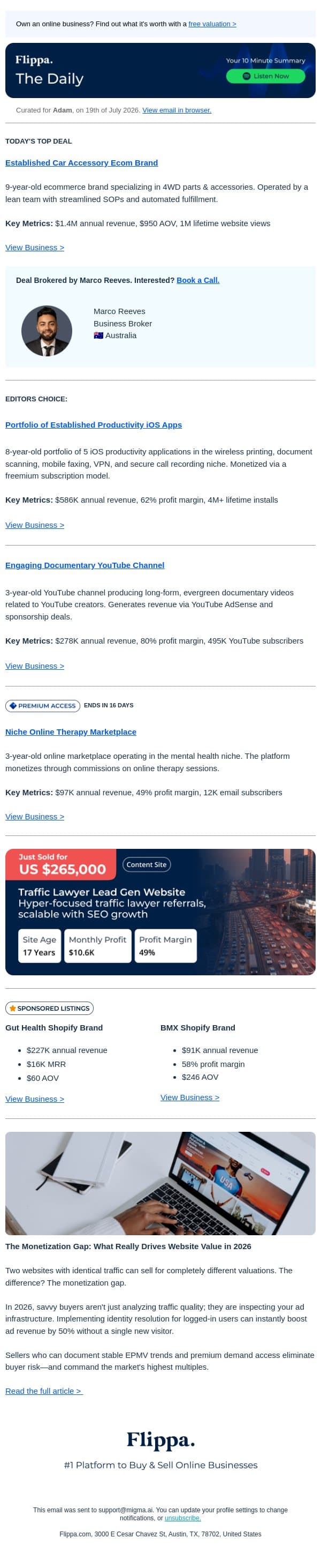 4M+ Installs Productivity App Portfolio + $1.4M Car Accessory Brand + 80% Margin Documentary Channel email from Flippa screenshot