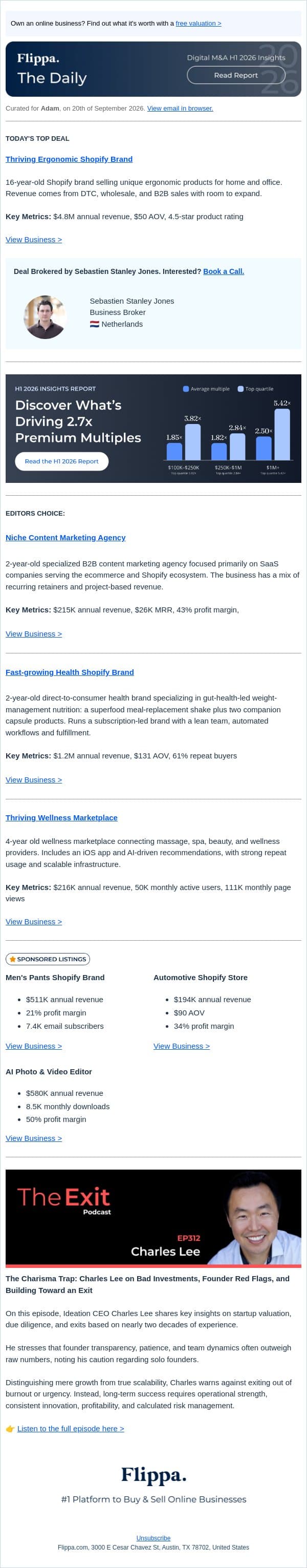 $4.8M Ergonomic Brand + $26K MRR Marketing Agency + 61% Repeat Buyers Health Brand + 50K Users Wellness Marketplace email from Flippa screenshot