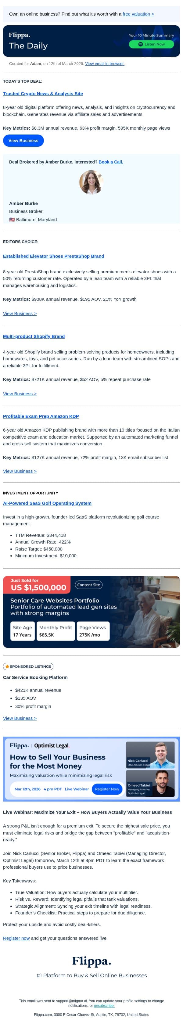 $8.3M Annual Rev Crypto News & Analysis Site + More email from Flippa screenshot