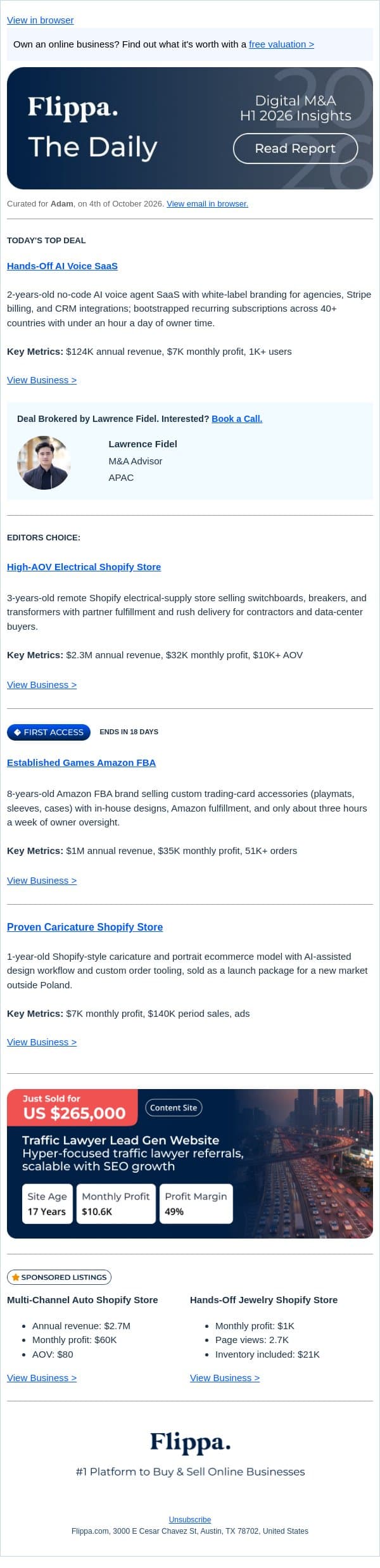 $124K 2Yr AI Voice SaaS + $10K-AOV Electrical Shopify Store email from Flippa screenshot