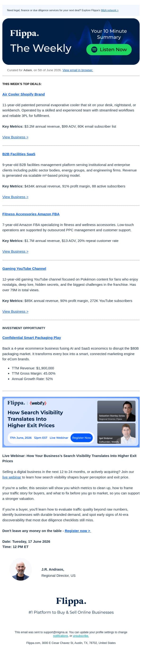 91% Margin Facilities SaaS + $3.2M Air Cooler Brand + 79M Views Gaming Channel email from Flippa screenshot
