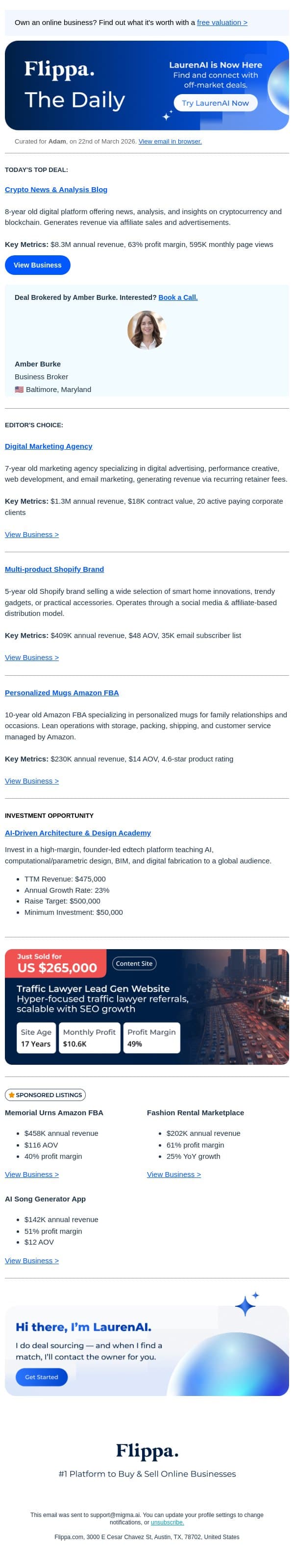 Half-a-Million Monthly Page Views Crypto News Blog email from Flippa screenshot
