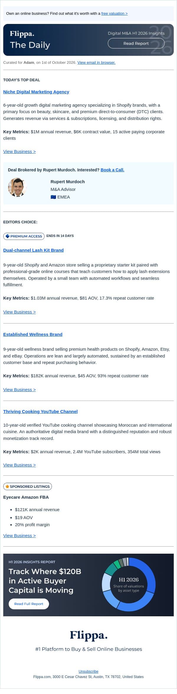 $1M Marketing Agency + 2.4M Subs Cooking Channel email from Flippa screenshot