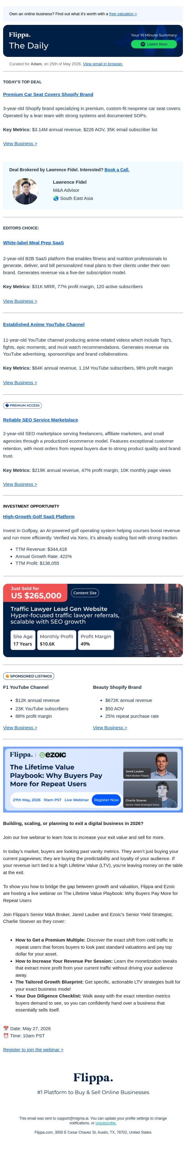 $3.1M Car Accessory Brand + $31K MRR Meal Prep SaaS + 1.1M Subs Anime YT Channel email from Flippa screenshot