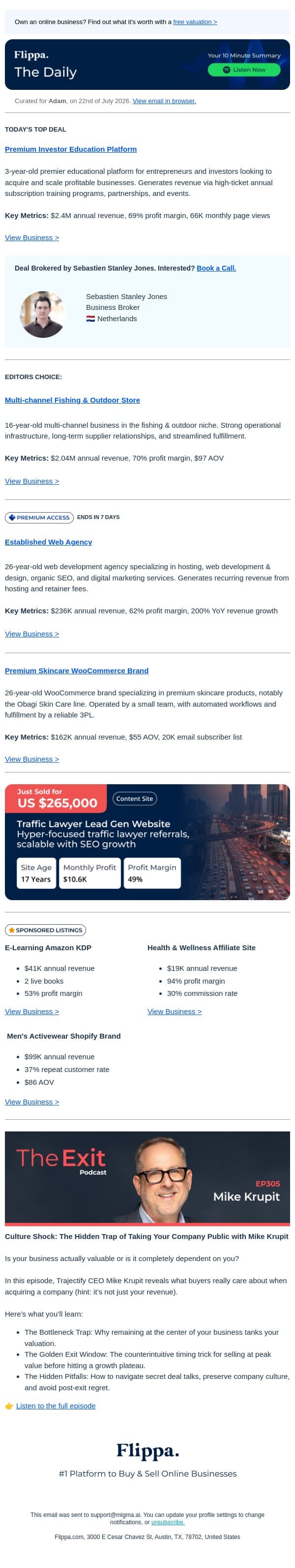 70% Margin Education Platform + $2.04M Fishing & Outdoor Store + 26-Yr Web Agency email from Flippa screenshot