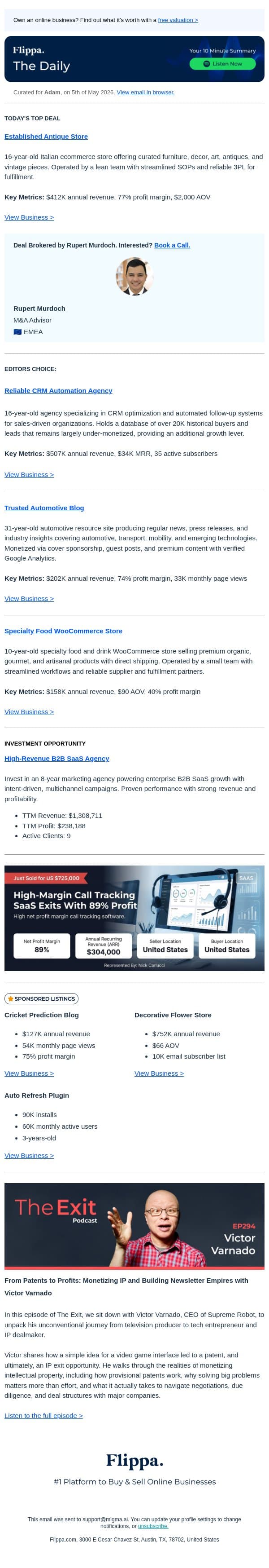 The antique store doing $412K with a 77% margin + $34K MRR CRM Agency + 31-Yr Automotive Blog email from Flippa screenshot