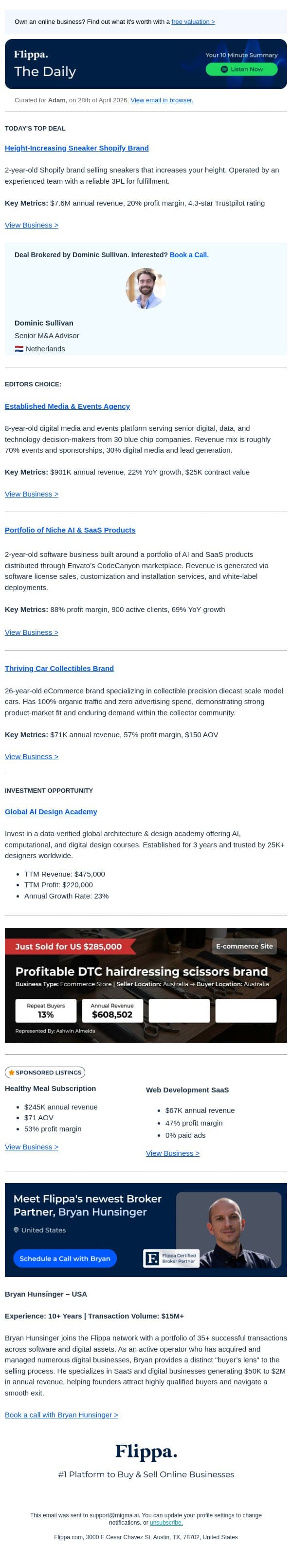 $8.02M Sneaker Brand + 88% Margin AI Portfolio + 22% YoY Growth Events Agency email from Flippa screenshot
