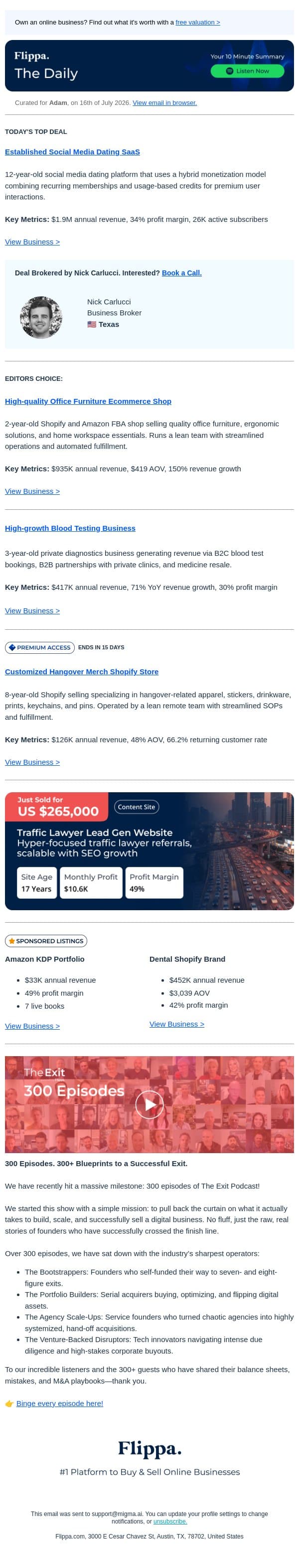 150% Growth Furniture Shop + $1.9M Dating SaaS + Hangover Merch Store with 66% returning customers email from Flippa screenshot