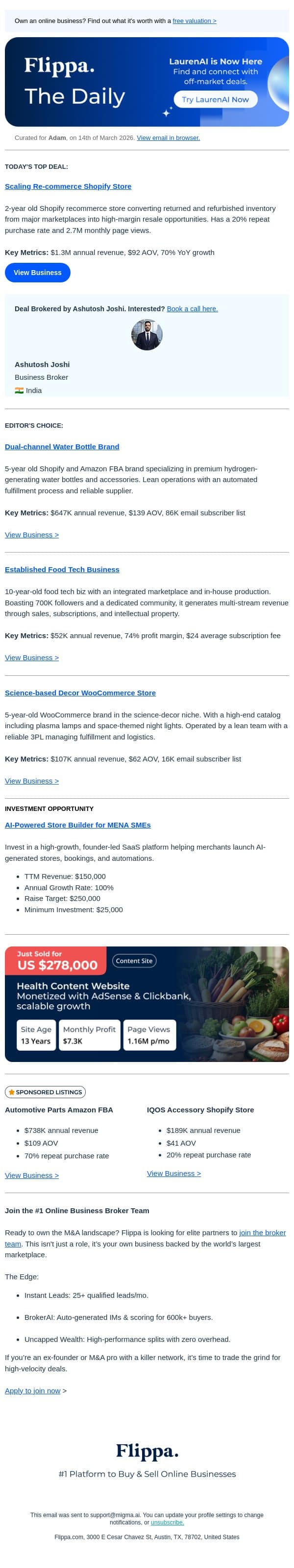 $1.3M Annual Rev Re-commerce Shopify Store + More email from Flippa screenshot
