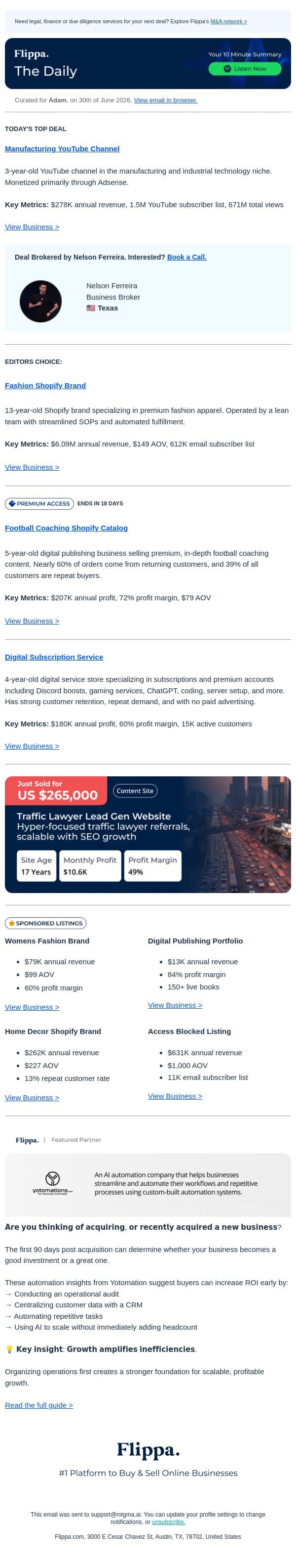 1.5M Subs Manufacturing Channel + $6.09M Fashion Brand + 72% Margin Coaching Catalog email from Flippa screenshot