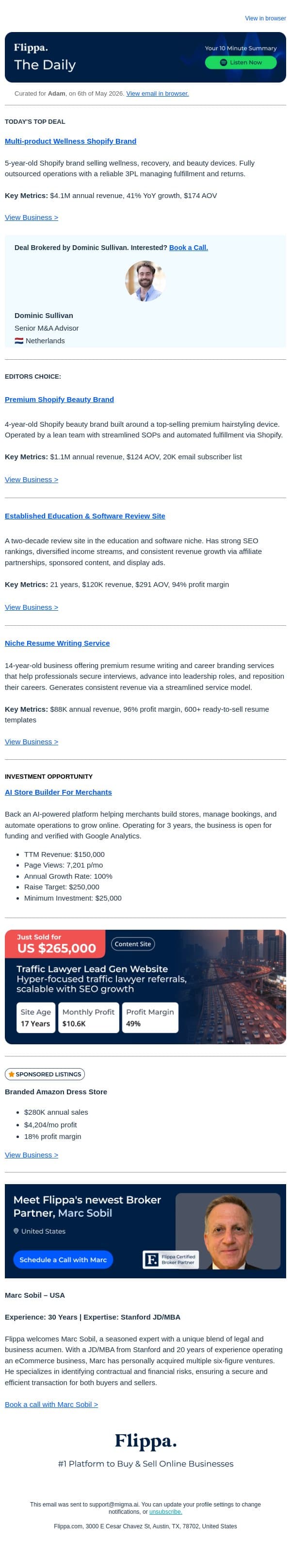 $4.1M Annual Rev Wellness Brand + 96% Margin Resume Writing Service + 21-Yr Review Site email from Flippa screenshot