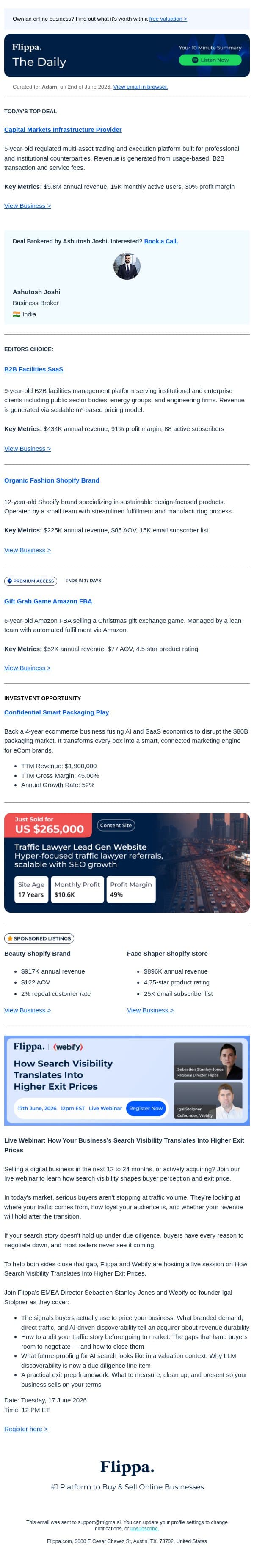 91% Margin Facilities SaaS + $9.8M Trading Platform + 12-Yr Fashion Brand email from Flippa screenshot
