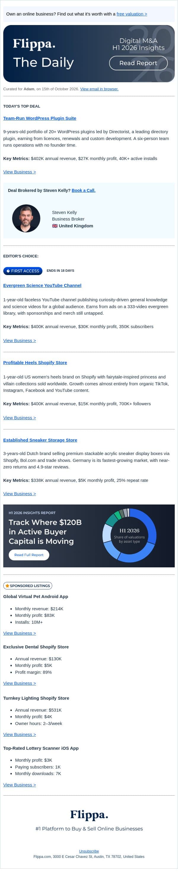 $402K WordPress Plugin Suite + $400K Science YouTube Channel email from Flippa screenshot