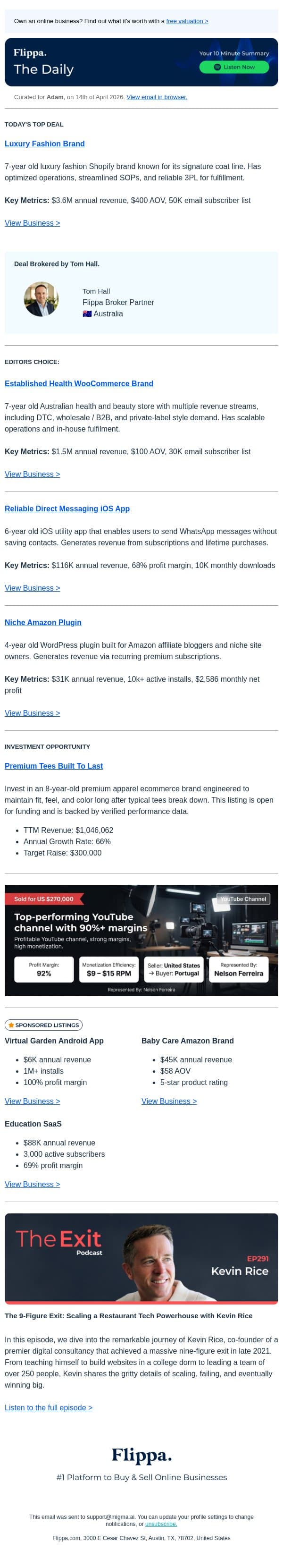 $3.6M Annual Rev Luxury Fashion Brand email from Flippa screenshot
