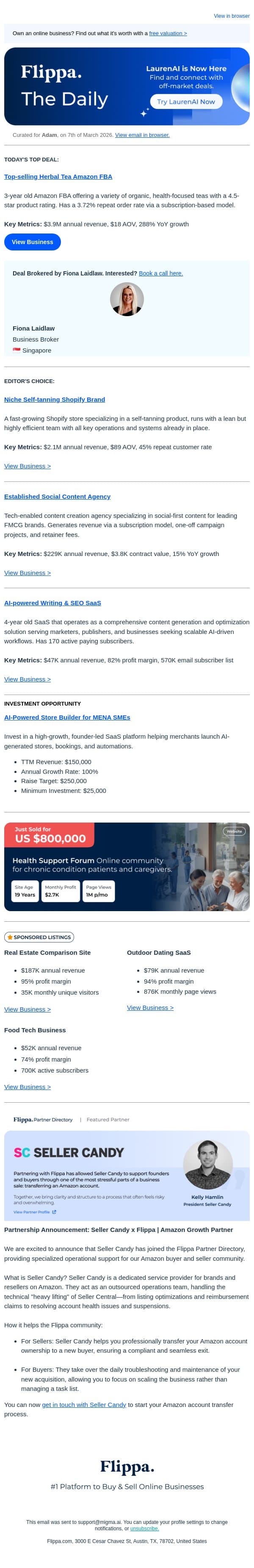 $3.9M Amazon FBA (288% YoY Growth) + 4 New Deals email from Flippa screenshot