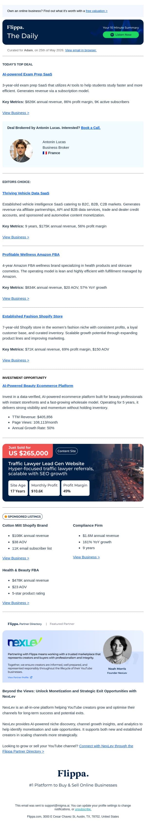 86% Margin Exam Prep Saas + 57% Growth Wellness Brand + 9-Yr Vehicle SaaS email from Flippa screenshot