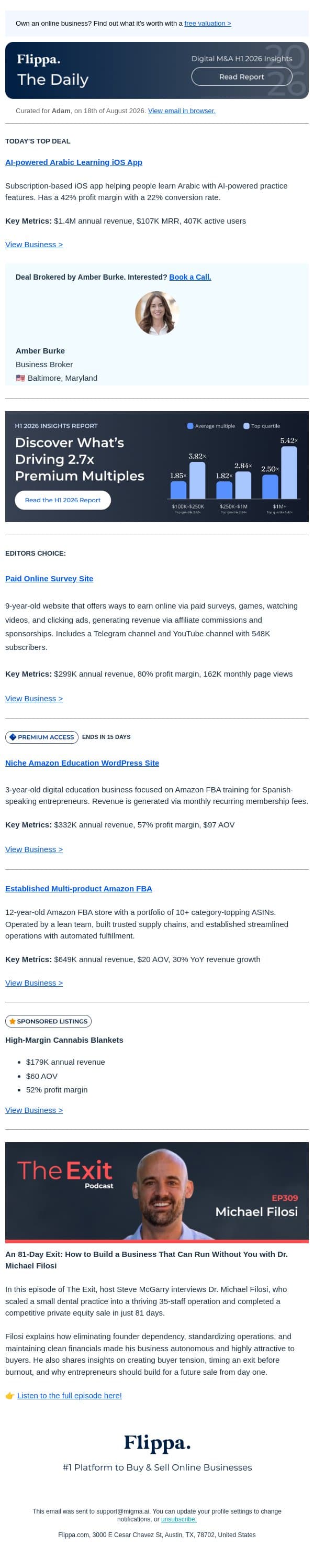 $1.4M Annual Rev Language Learning App + 162K Views Paid Survey Site + Multi-product Amazon FBA with a 30% YoY growth email from Flippa screenshot