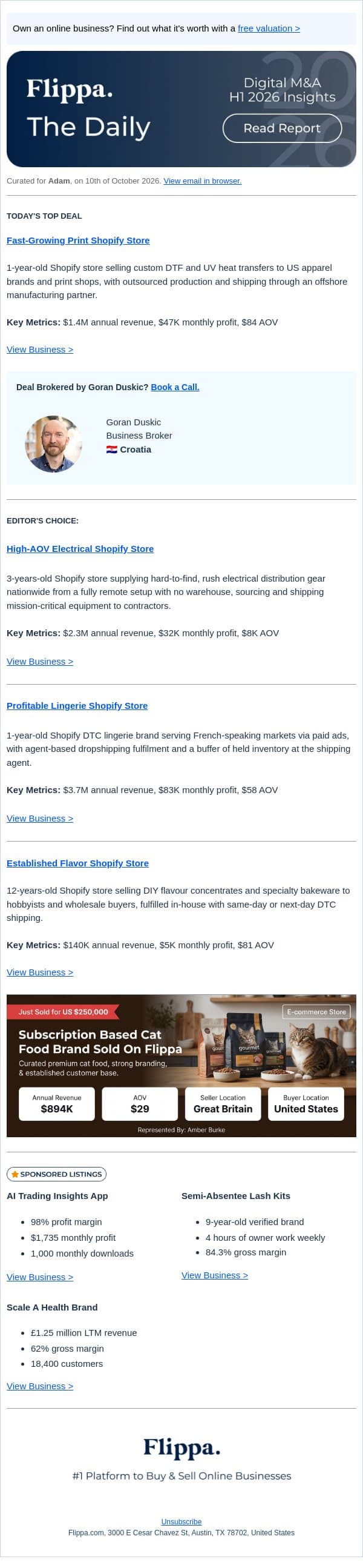 $1.4M Print Shopify Store + $8K-AOV Electrical Shopify Store email from Flippa screenshot