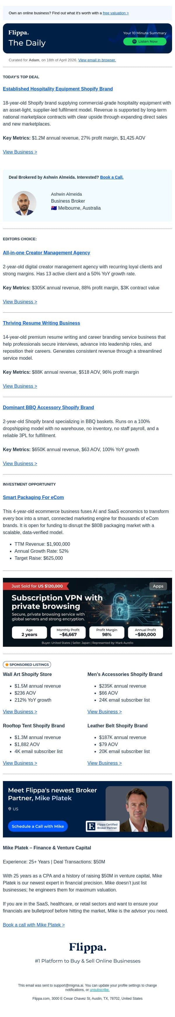 $1.2M Annual Rev Hospitality Equipment Shopify Brand email from Flippa screenshot