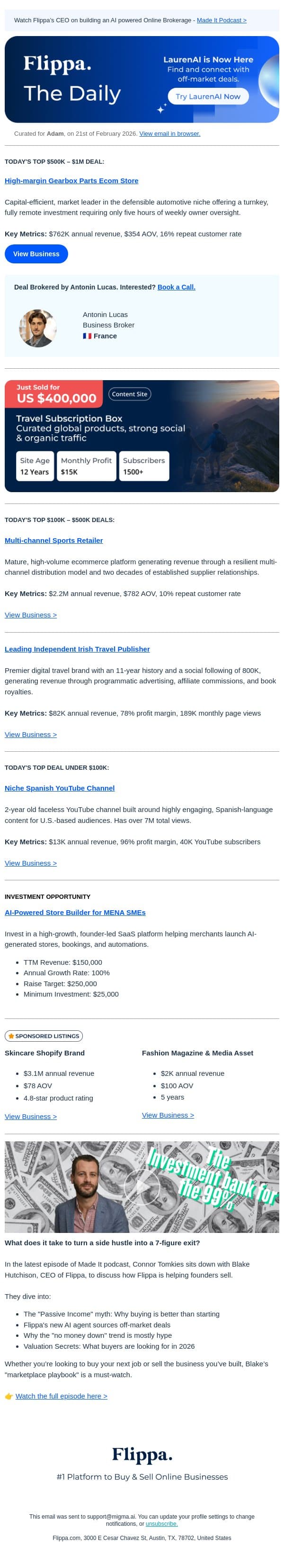 $762K Annual Rev Gearbox Store + More email from Flippa screenshot