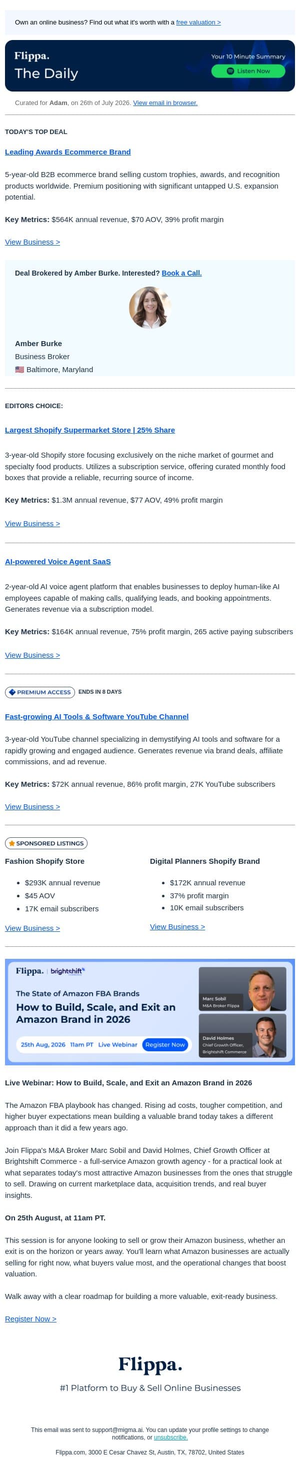 86% Margin AI Tools Channel + $1.3M Online Supermarket + Voice Agent SaaS with 265 active paying subscribers email from Flippa screenshot