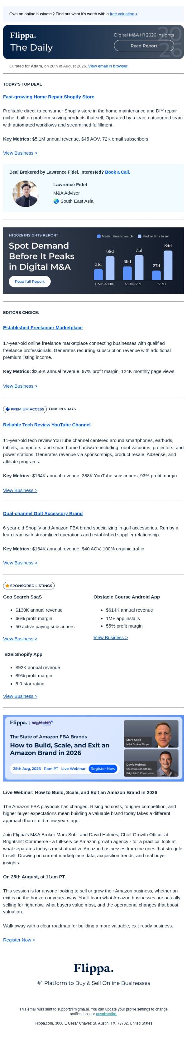 $5.1M Annual Rev Home Repair Brand + 17-Yr Freelancer Marketplace + Tech Review YouTube Channel with over 388K subscribers email from Flippa screenshot