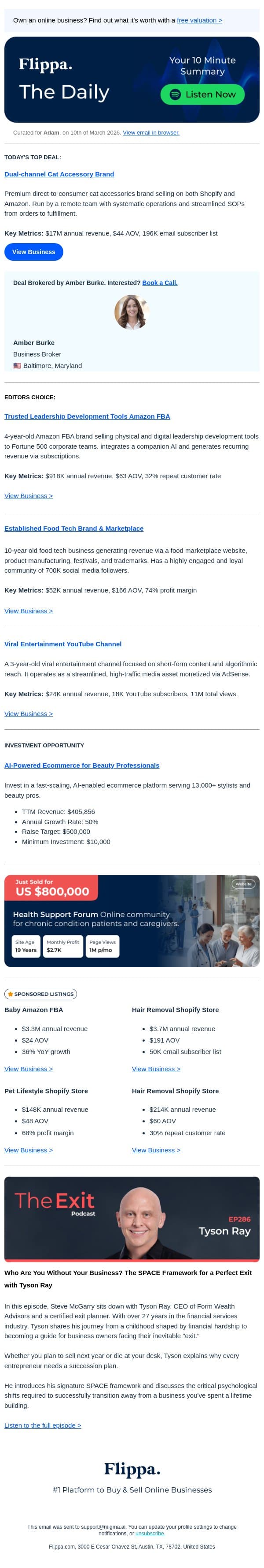$17M Annual Rev Cat Accessory Brand + More email from Flippa screenshot