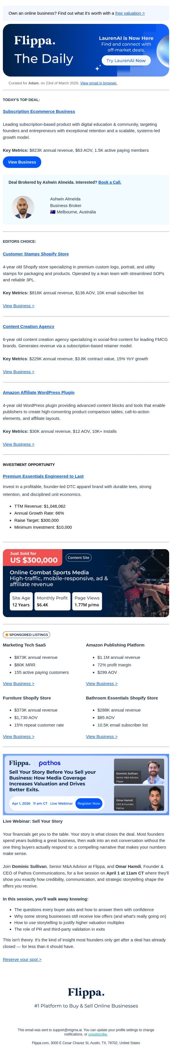 $823K Annual Rev Subscription Ecom Biz email from Flippa screenshot