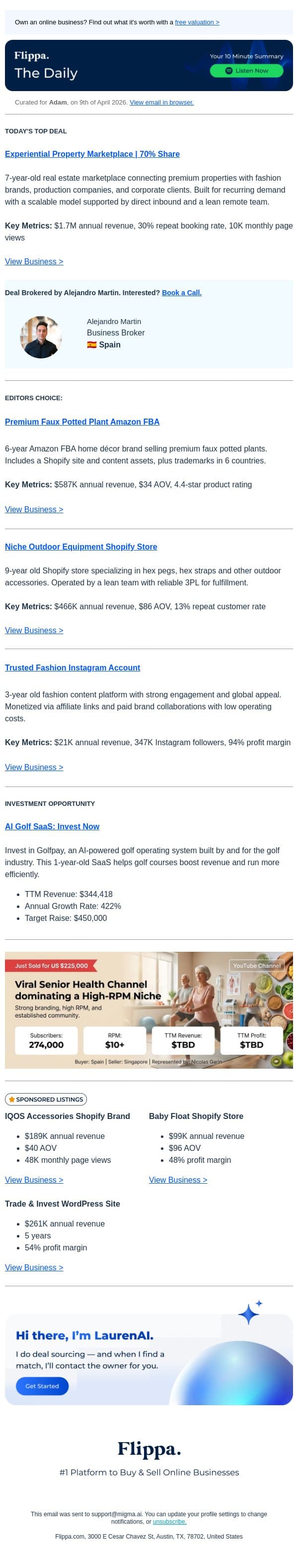 $1.7M Annual Rev Experiential Property Marketplace email from Flippa screenshot