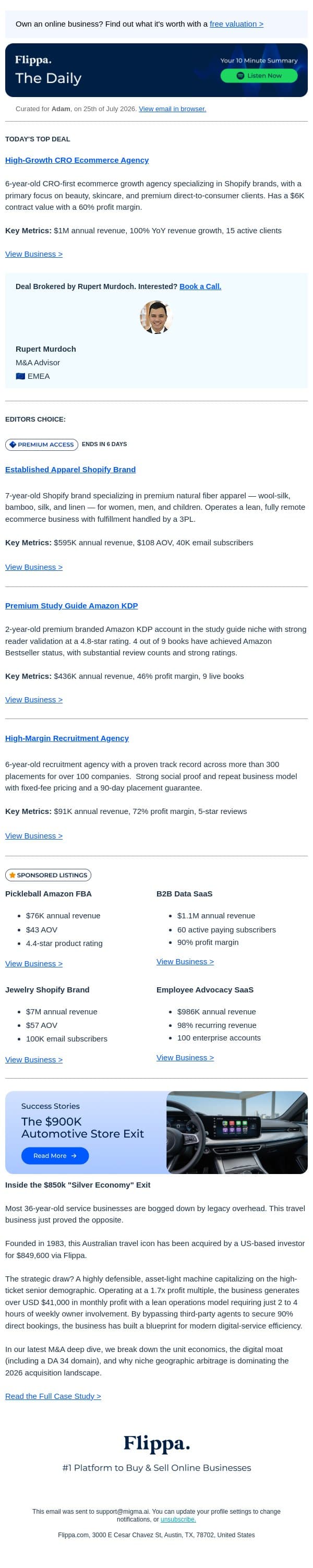 $1M Ecom Agency + 7-Yr Apparel Brand + 4.8-star Study Guide KDP email from Flippa screenshot