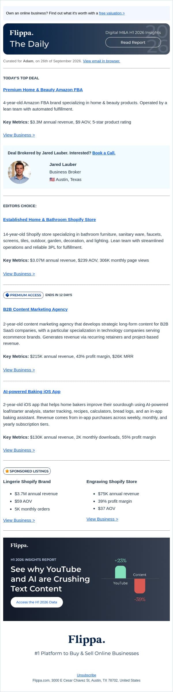 $3.3M Beauty FBA + 14-Yr Bathroom Store + $26K MRR Content Agency + AI Baking iOS App w/ 2K monthly downloads email from Flippa screenshot