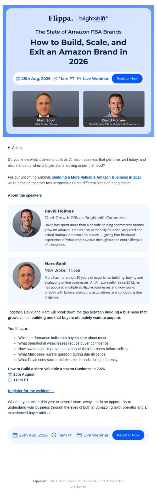 Live Webinar: How to Build, Scale and Exit an Amazon Business in 2026 email from Flippa screenshot