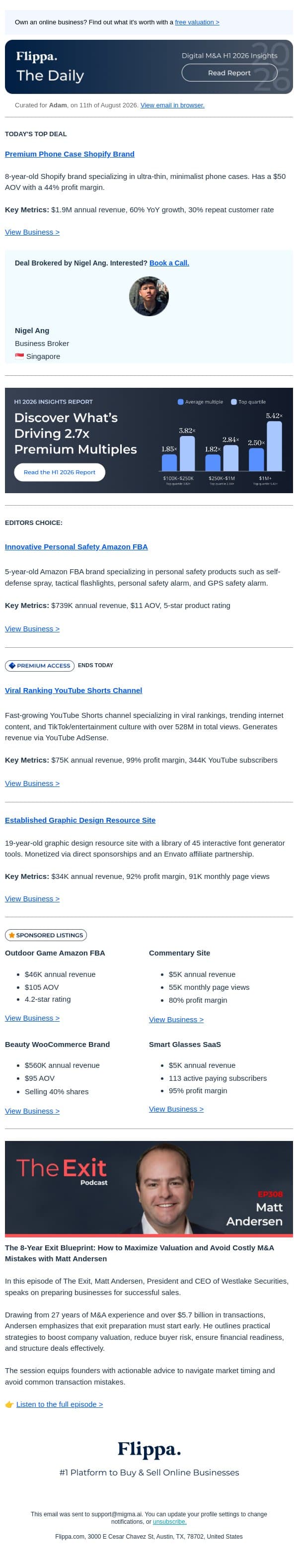 $1.9M Annual Rev Phone Case Brand + 528M Views YouTube Channel + 5-star Safety Brand email from Flippa screenshot